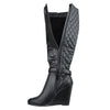 Womens Knee High Boots Quilted Front And Ankle Strap High Wedge Shoes Black