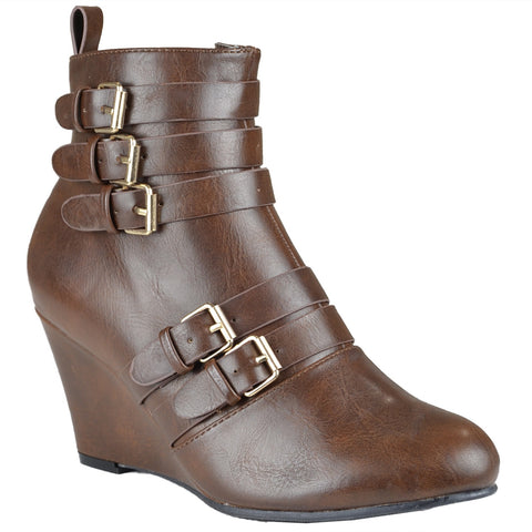 Womens Ankle Boots Stacked Buckle Back Zipper High Wedge Shoes Cognac