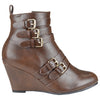 Womens Ankle Boots Stacked Buckle Back Zipper High Wedge Shoes Cognac