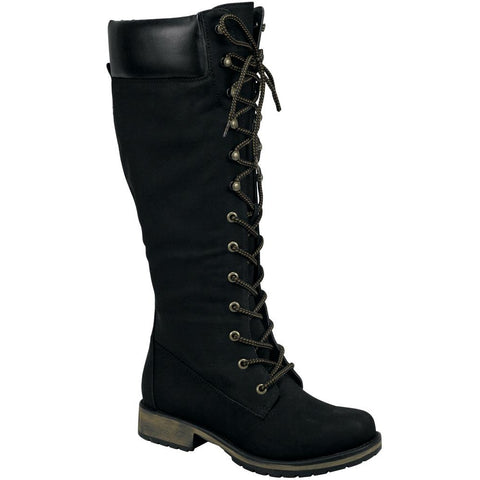 Womens Knee High Boots Combat Two Tone Lace Up Shoes Black