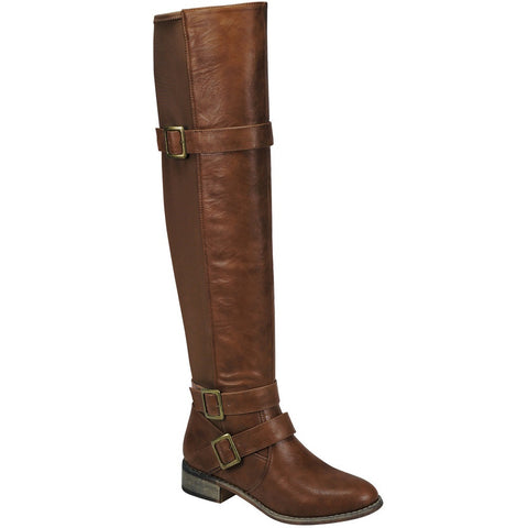 Womens Knee High Boots Buckle Strap Accents Casual Riding Shoes Tan
