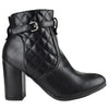 Womens Ankle Boots Sleek Quilted Ankle Strap Chunky High Heel Shoes Black