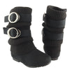 Kids Mid Calf Boots Ruched Knitted Buckle Straps black