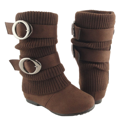 Kids Mid Calf Boots Ruched Knitted Buckle Straps Brown
