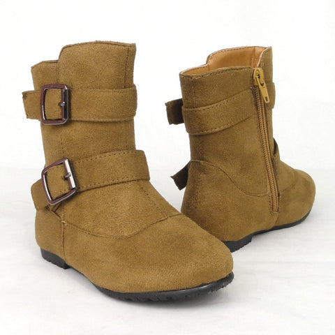 Kids Ankle Boots Suede Double Buckle Side Zipper Closure Tan