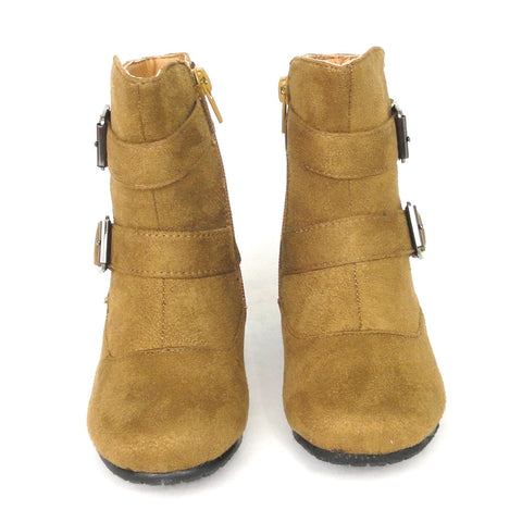 Kids Ankle Boots Suede Double Buckle Side Zipper Closure Tan