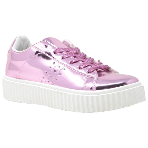 Womens Platform Shoes Lace Up Sneakers Flatform Patent Shoes Pink