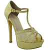 Womens Dress Shoes T Strap Rhinestone Embellished Mesh Glitter Platform Heel Gold