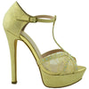 Womens Dress Shoes T Strap Rhinestone Embellished Mesh Glitter Platform Heel Gold