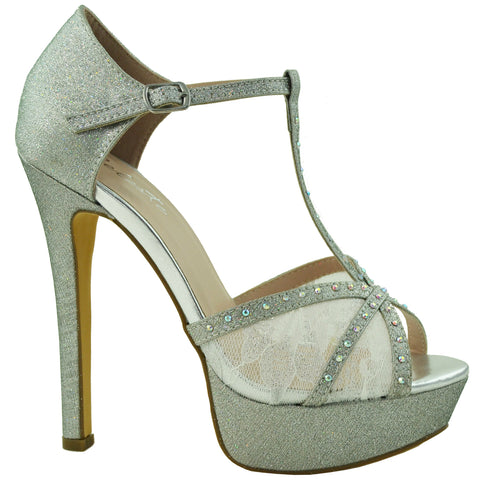 Womens Dress Shoes T Strap Rhinestone Embellished Mesh Glitter Platform Heel Silver