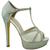 Womens Dress Shoes T Strap Rhinestone Embellished Mesh Glitter Platform Heel Silver