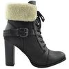 Womens Ankle Boots Lace Up Chunky Heel Fold Over Fleece Cuff Black