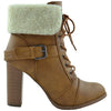 Womens Ankle Boots Lace Up Chunky Heel Fold Over Fleece Cuff Tan