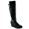 Womens Knee High Boots Faux Leather Buckle Straps Wedge Heel Shoes black