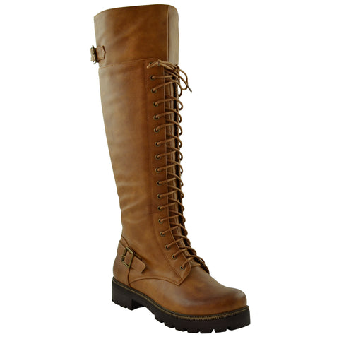 Womens Lace Up Combat Knee High Boots Camel