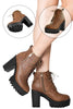 Womens Ankle Boots Chunky Heel Lace Up Platform Lug Shoes Tan