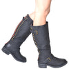 Womens Mid Calf Boots Ankle and Calf Buckle Back Studded and Zipper Black