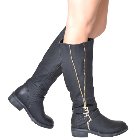 Womens Knee High Boots Double Adjustable Ankle Straps Casual Comfort Shoes Black