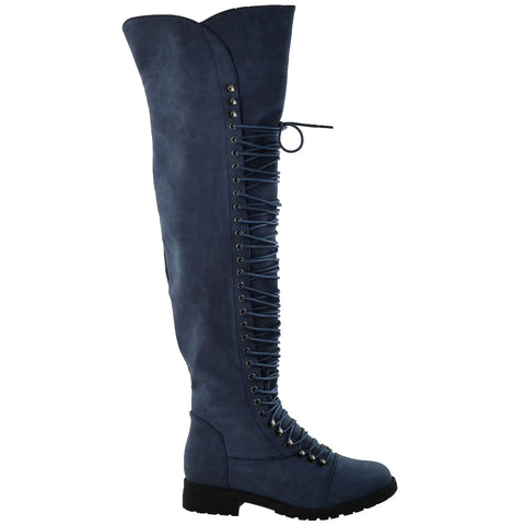 Womens Knee High Boots Lace Up Combat Casual Shoes Navy