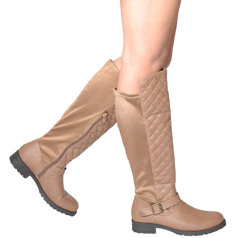 Womens Knee High Boots Quilted Front And Ankle Strap Casual Riding Shoes Tan