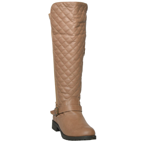 Womens Knee High Boots Quilted Front And Ankle Strap Casual Riding Shoes Tan
