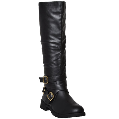 Womens Strappy Knee High Riding Boots Black
