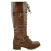 Womens Knee High Boots Faux Leather Lace Up Buckle Straps Shoes Brown