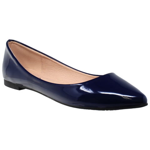 Womens Ballet Flats Patent Leather Pointed Toe Slip On Closed Toe Shoes Navy
