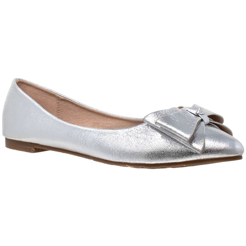Womens Ballet Flats Metallic Bow Slip On Pointed Toe Shoes Silver