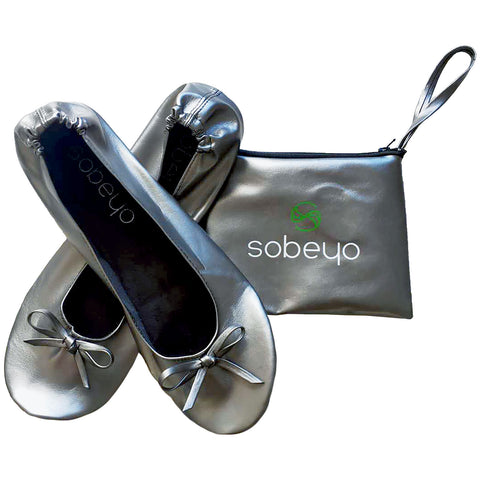 Foldable Ballet Flats Women's Travel Portable Comfortable Shoes Gray PU
