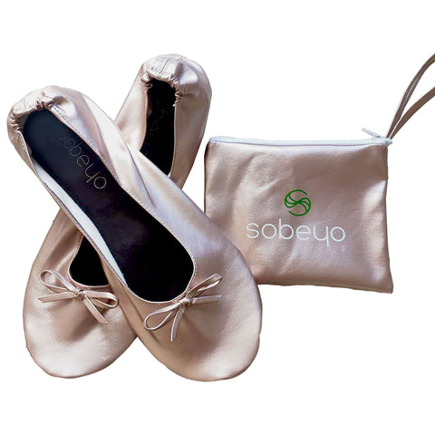 Foldable Ballet Flats Women's Travel Portable Comfortable Shoes Gold PU