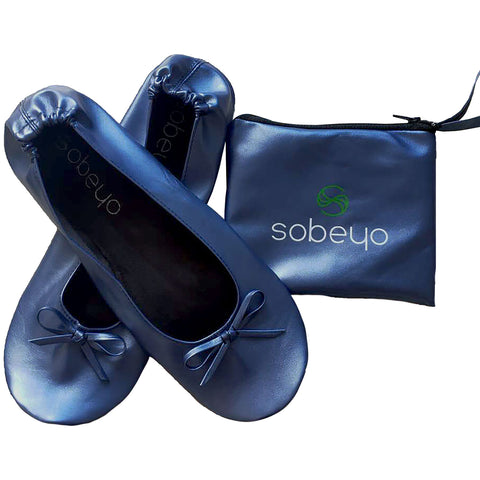 Foldable Ballet Flats Women's Travel Portable Comfortable Shoes Navy PU