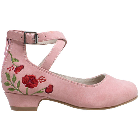 Kids Dress Shoes Embroidered Flower Mary Jane Block Heel Pumps Pink