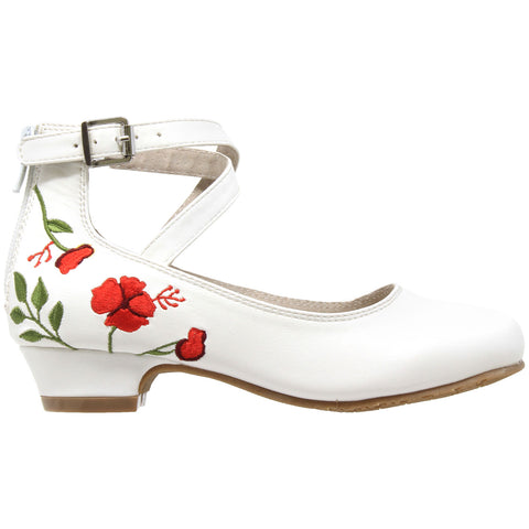 Kids Dress Shoes Embroidered Flower Mary Jane Block Heel Pumps White