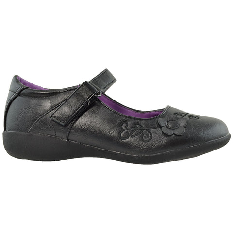 Kids Dress Shoes Mary Jane Flower Accent Closed Toe Shoes Black