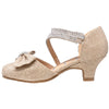 SOBEYO Kids Dress Shoes Rhinestone Bow Accent Kitten Heel Glitter Sandals Gold