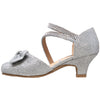 SOBEYO Kids Dress Shoes Rhinestone Bow Accent Kitten Heel Glitter Sandals Silver