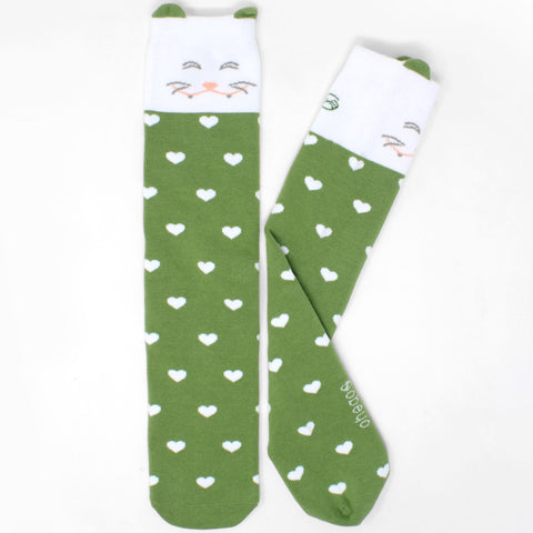 Girl's Socks Knee High Soft Cotton Cute Cat Fashion Sock Green