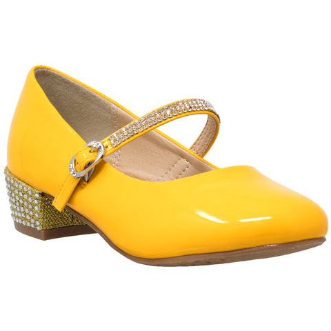 Kids Dress Shoes Rhinestone Ankle Strap Mary Jane Pumps Mustard