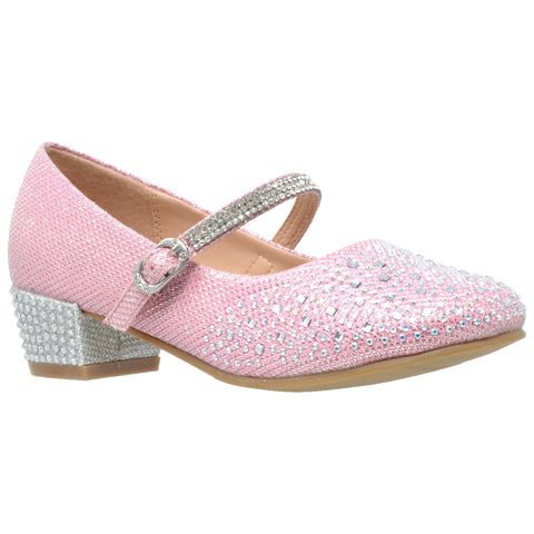 Kids Dress Shoes Glitter Rhinestone Low Heel Mary Jane Pumps Pink