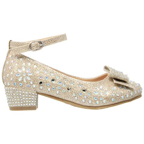 Kids Dress Shoes Girls Glitter Rhinestone Bow Accent Mary Jane Pumps Gold