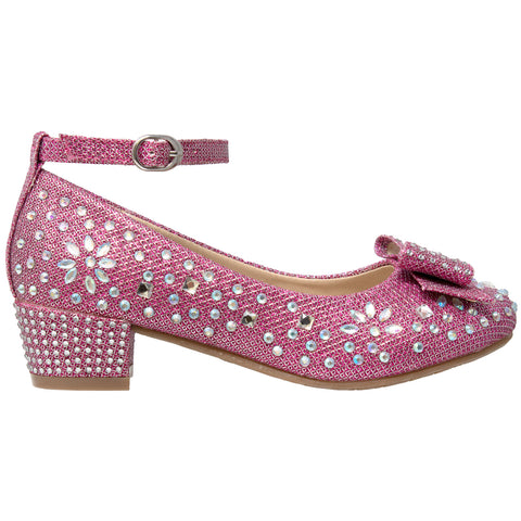 Kids Dress Shoes Girls Glitter Rhinestone Bow Accent Mary Jane Pumps Magenta