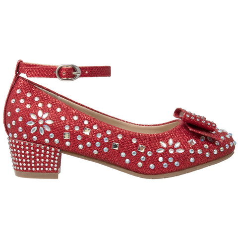 Kids Dress Shoes Girls Glitter Rhinestone Bow Accent Mary Jane Pumps Red