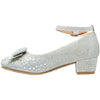 Kids Dress Shoes Girls Glitter Rhinestone Bow Accent Mary Jane Pumps Silver