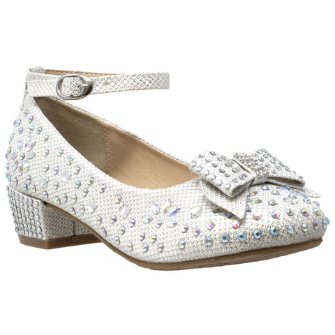 Kids Dress Shoes Girls Glitter Rhinestone Bow Accent Mary Jane Pumps White