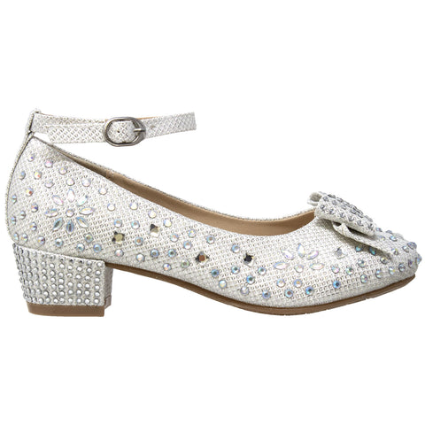 Kids Dress Shoes Girls Glitter Rhinestone Bow Accent Mary Jane Pumps White