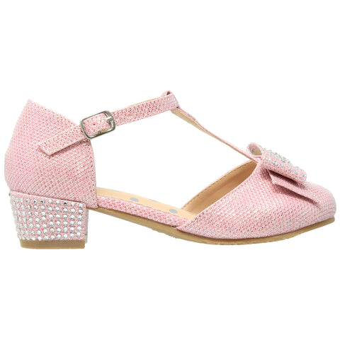 Kids Dress Shoes T-Strap Bow Accent Glitter Rhinestone Mary Jane Pumps Pink