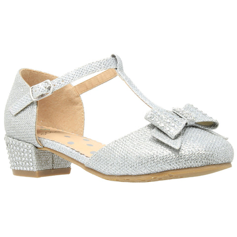 Kids Dress Shoes T-Strap Bow Accent Glitter Rhinestone Mary Jane Pumps Silver