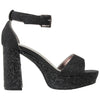 Womens Platform Sandals Glitter Accent Ankle Strap Chunky Block Heel Shoes Black