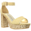 Womens Platform Sandals Glitter Accent Ankle Strap Chunky Block Heel Shoes Gold